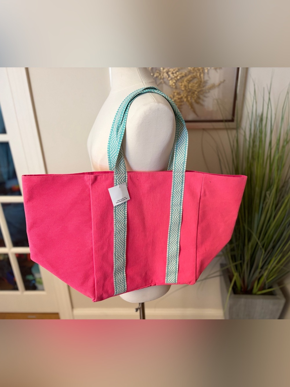 Canvas Tote Bag in Bright Pink with Aqua Patterned Straps